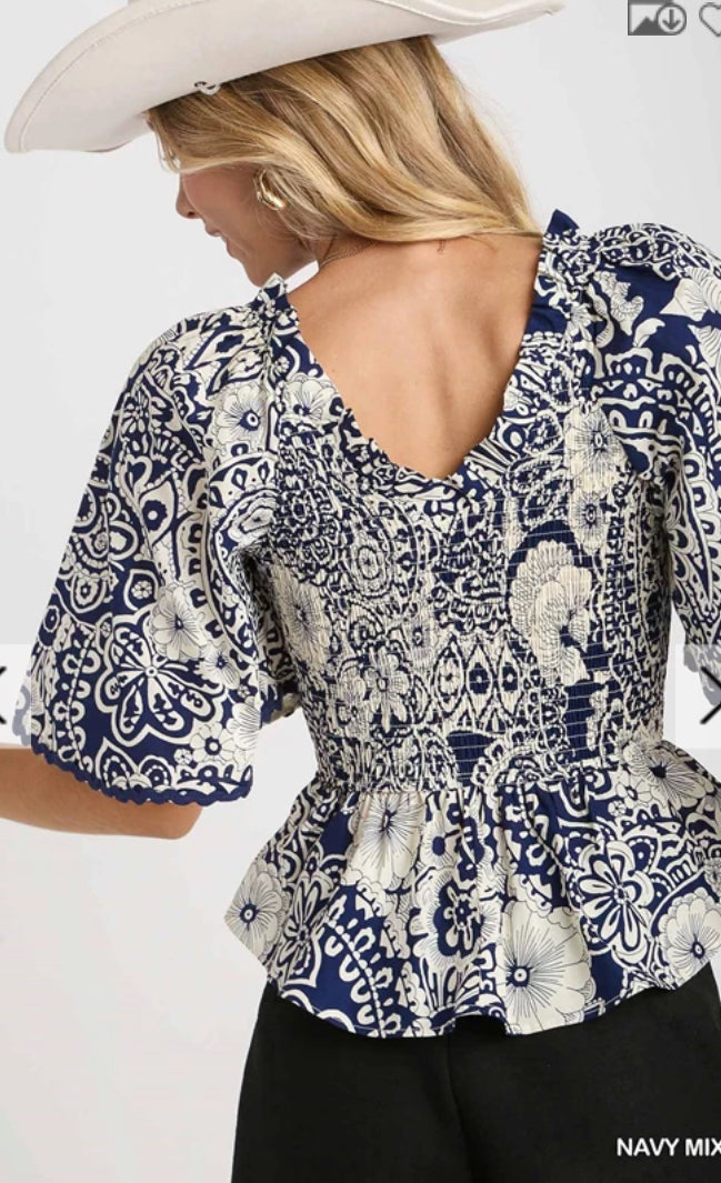 UMGEE - Two Tone Paisley Print Top, Navy