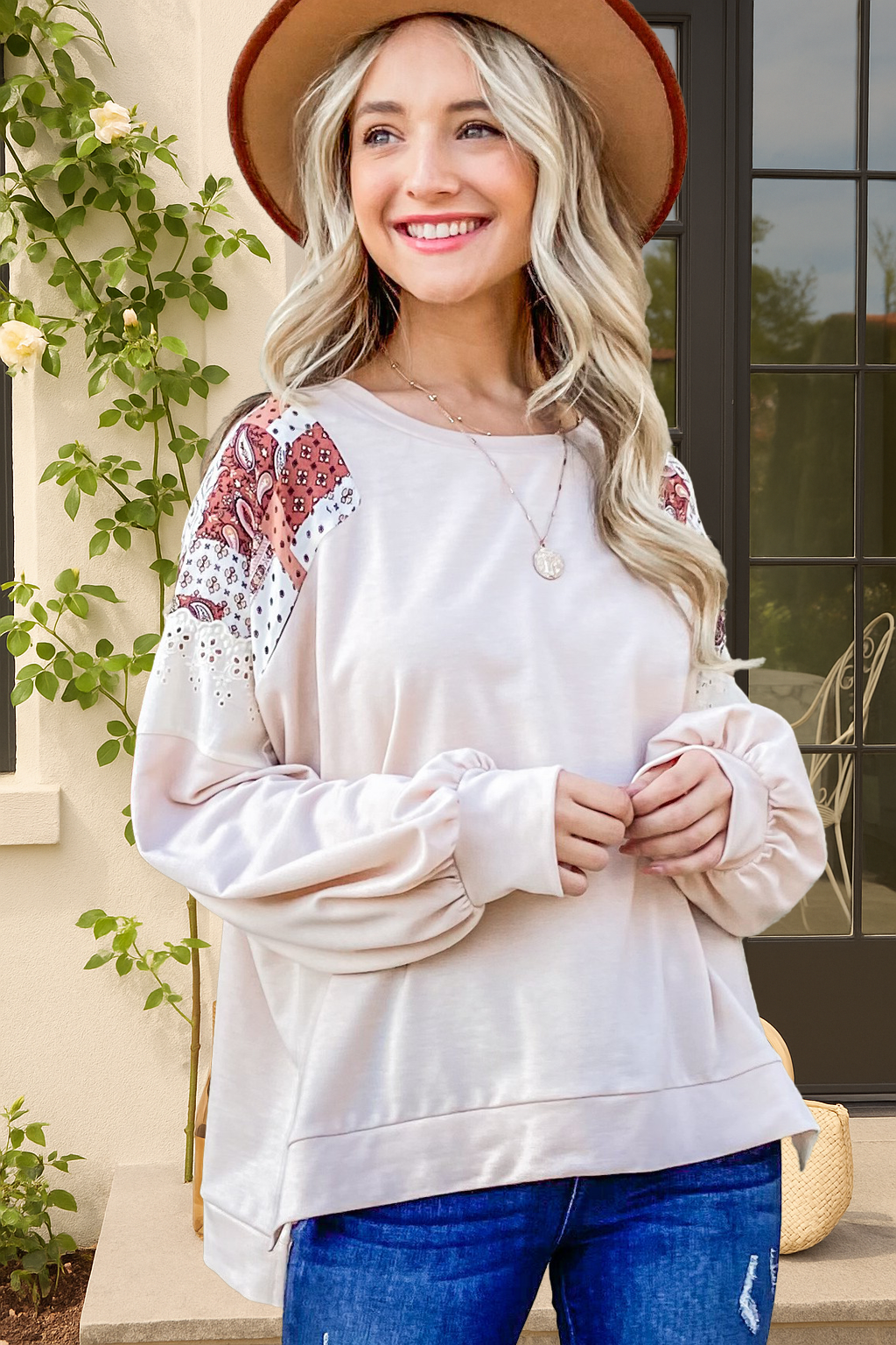 ATW10579 - Patch Work Shoulder Detail Casual Top