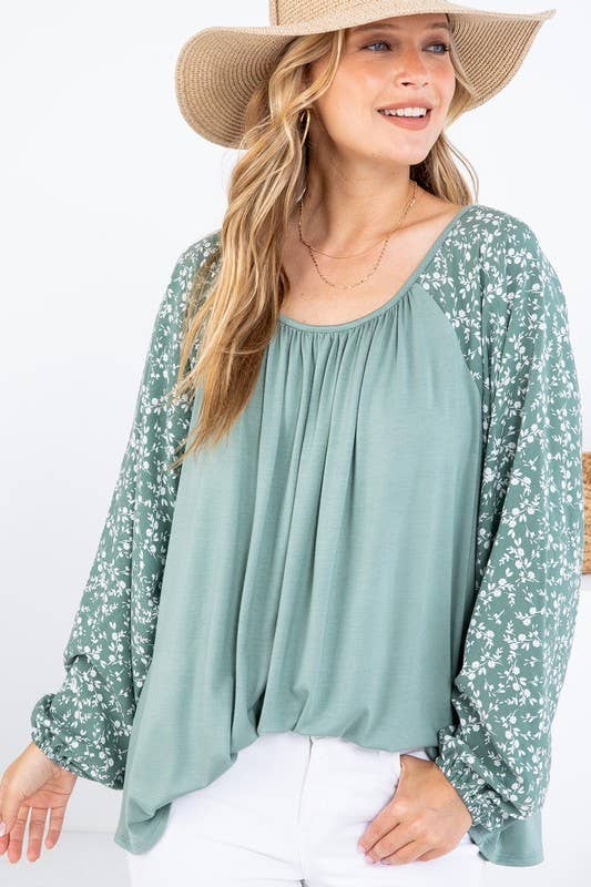 Solid and Woven Mixed Ruffle Top