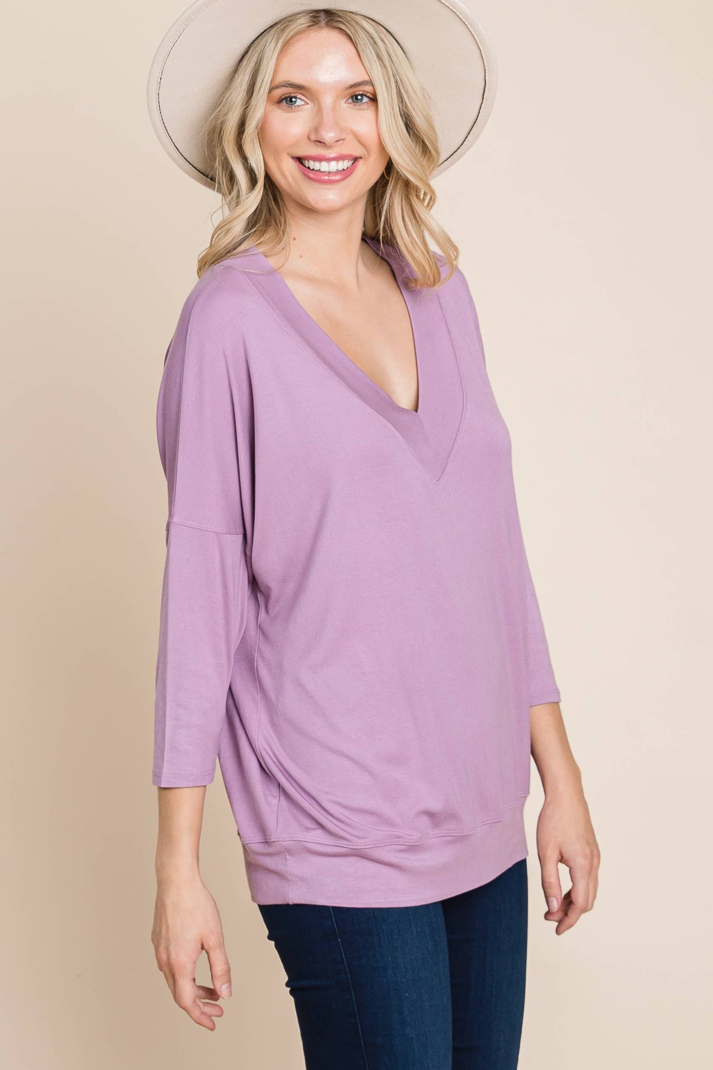 ETK-8674 Casual Basic Solid V Neck Top