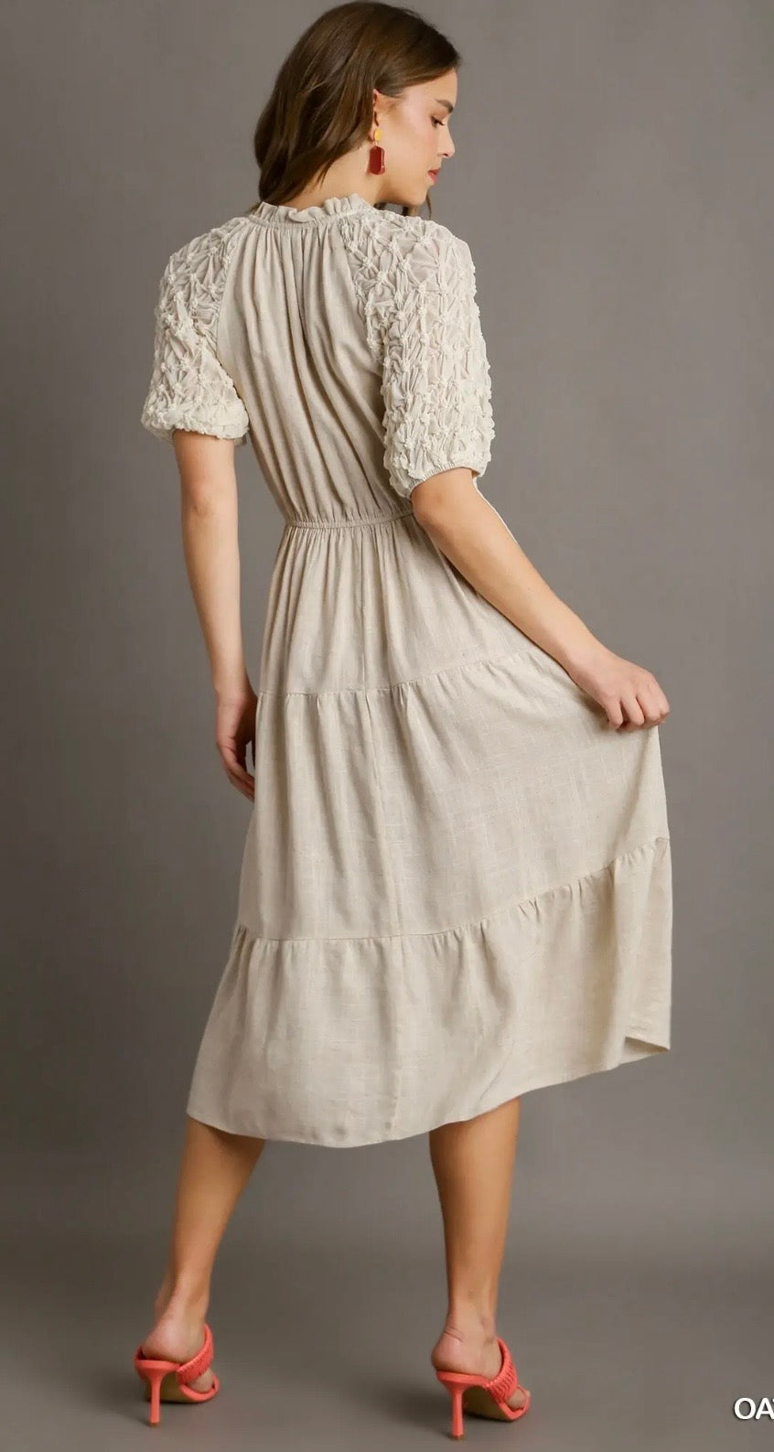 UMGEE Linen Split Neck Front Tie Midi Dress