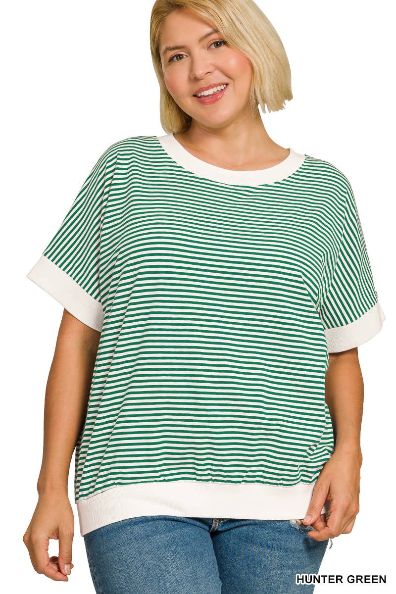 Striped Contrast Trim Banded Bottom Top - Zenana