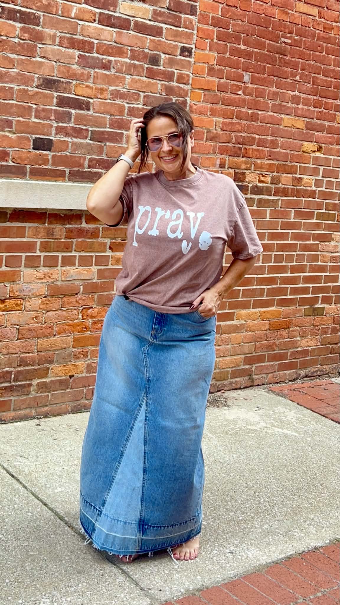 Combined Denim Midi Skirt