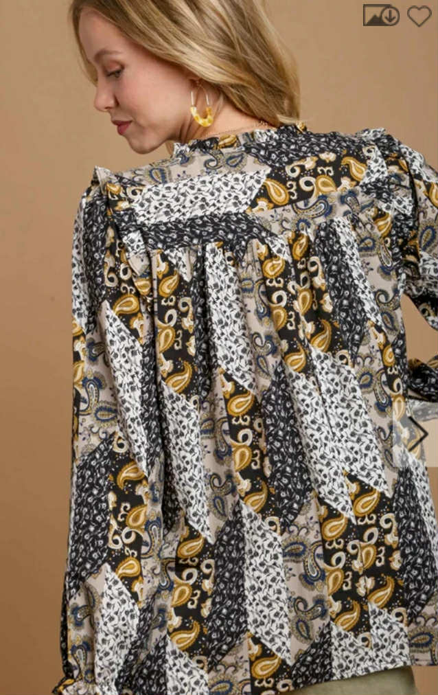 UMGEE - Round Neck Mixed Print Ruffle Blouse