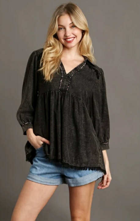 UMGEE - Linen Baby Doll Collared Top