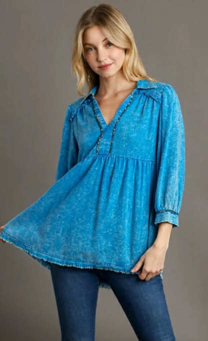 UMGEE - Linen Baby Doll Collared Top