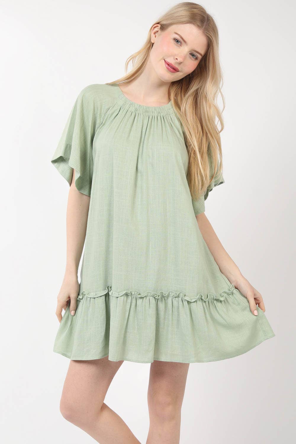 ND31313-Round Neck Comfy Woven Mini Dress