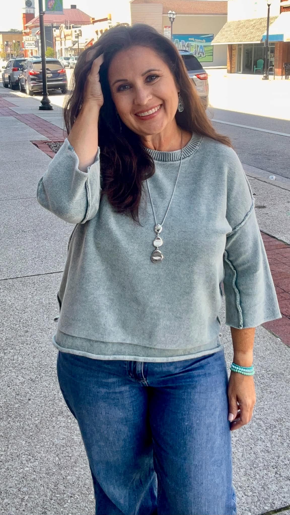 Washed 3/4 Sleeve Boxy Sweater