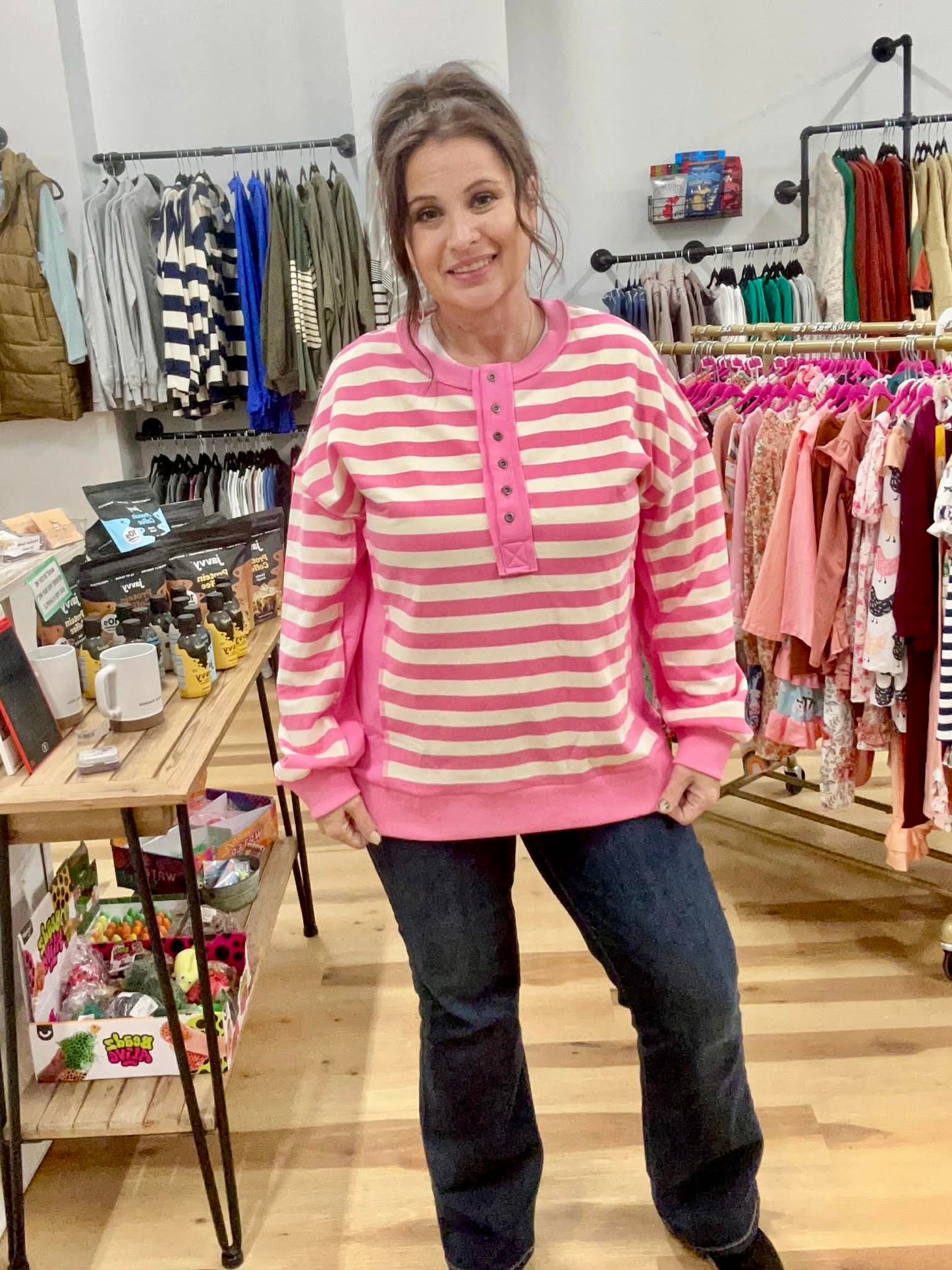 Oversized Striped Half Button Down Casual Knit Top