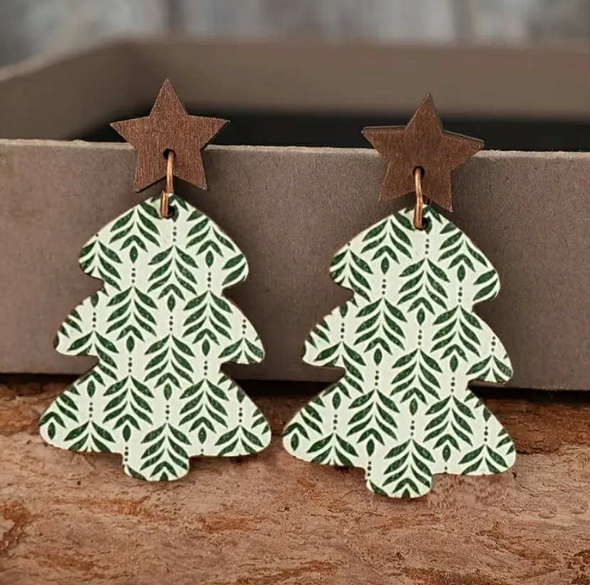 Wood Christmas Tree Earrings
