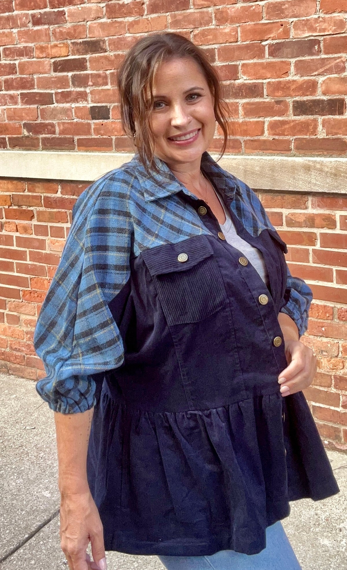 Plaid Contrast Corduroy Button Down Shacket