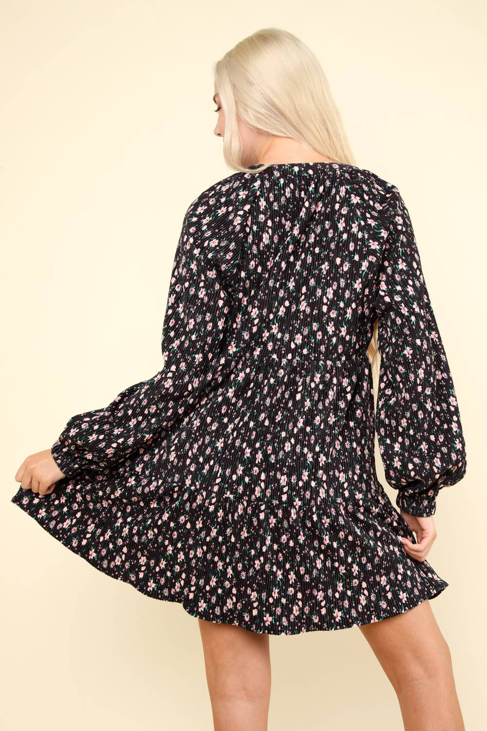 ND31416-Flower Printed Velvet Babydoll Mini Dress