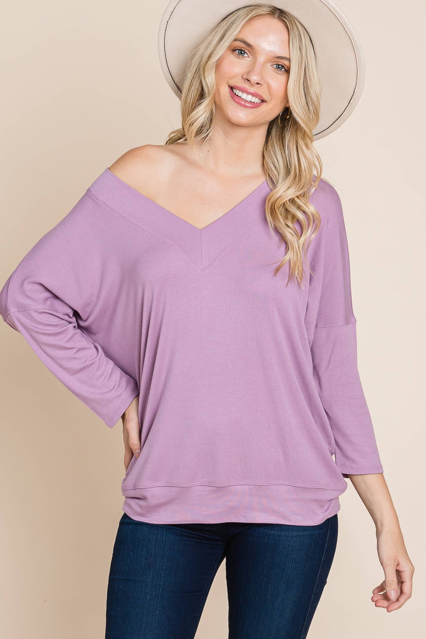ETK-8674 Casual Basic Solid V Neck Top