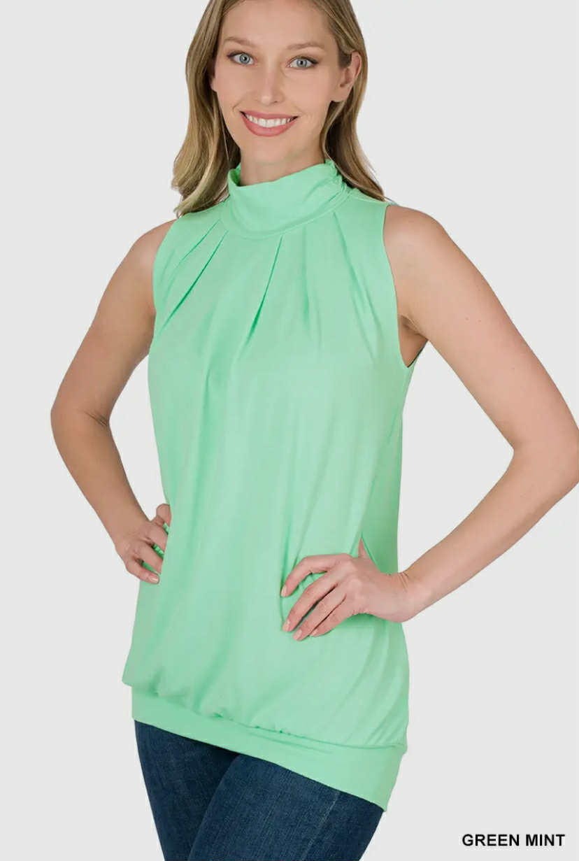 Pleated Mock Neck Blouson Top