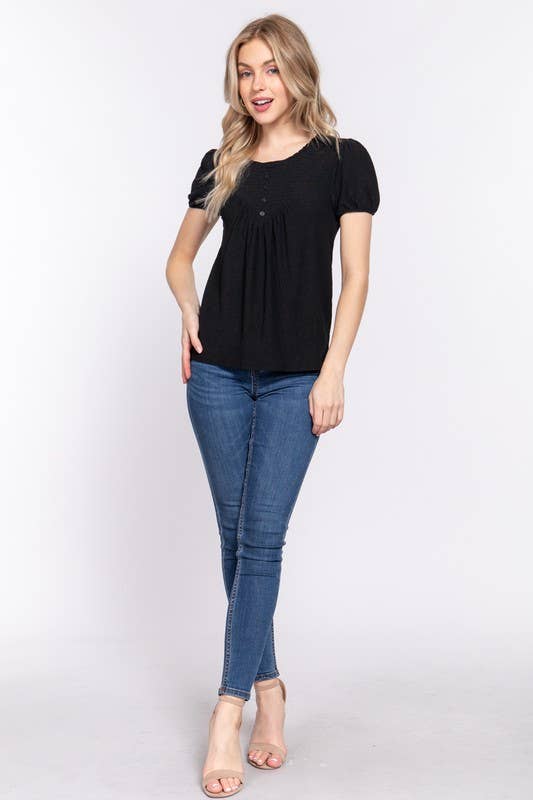 Short Sleeve Round Neck Front Button & Smocking