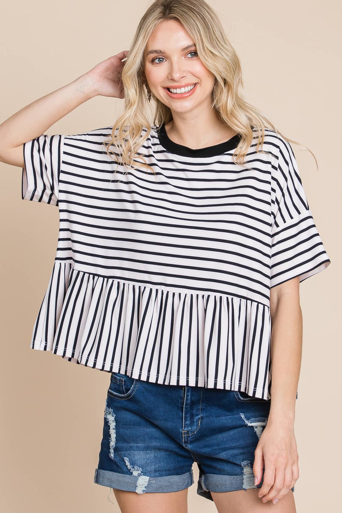 ETK-8772 Striped Babydoll Short Sleeve Top