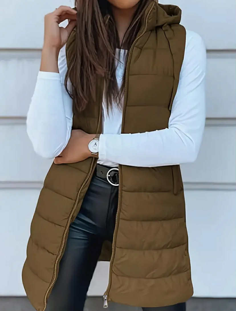Longline Quilted Puffer Vest with Attached Hood