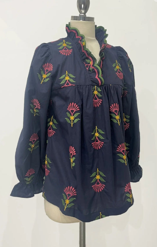 UMGEE - Embroidered Floral Ruffle Neck Blouse