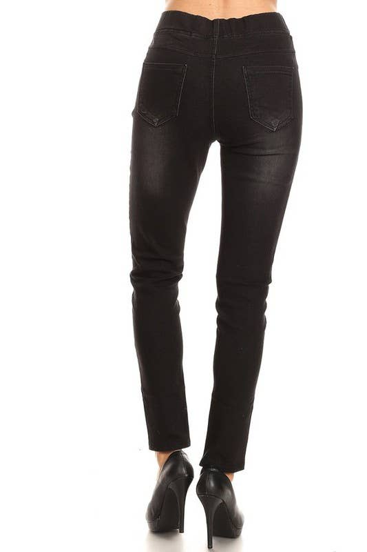 Solid color pre washed pull on denim skinny pull on jeggings