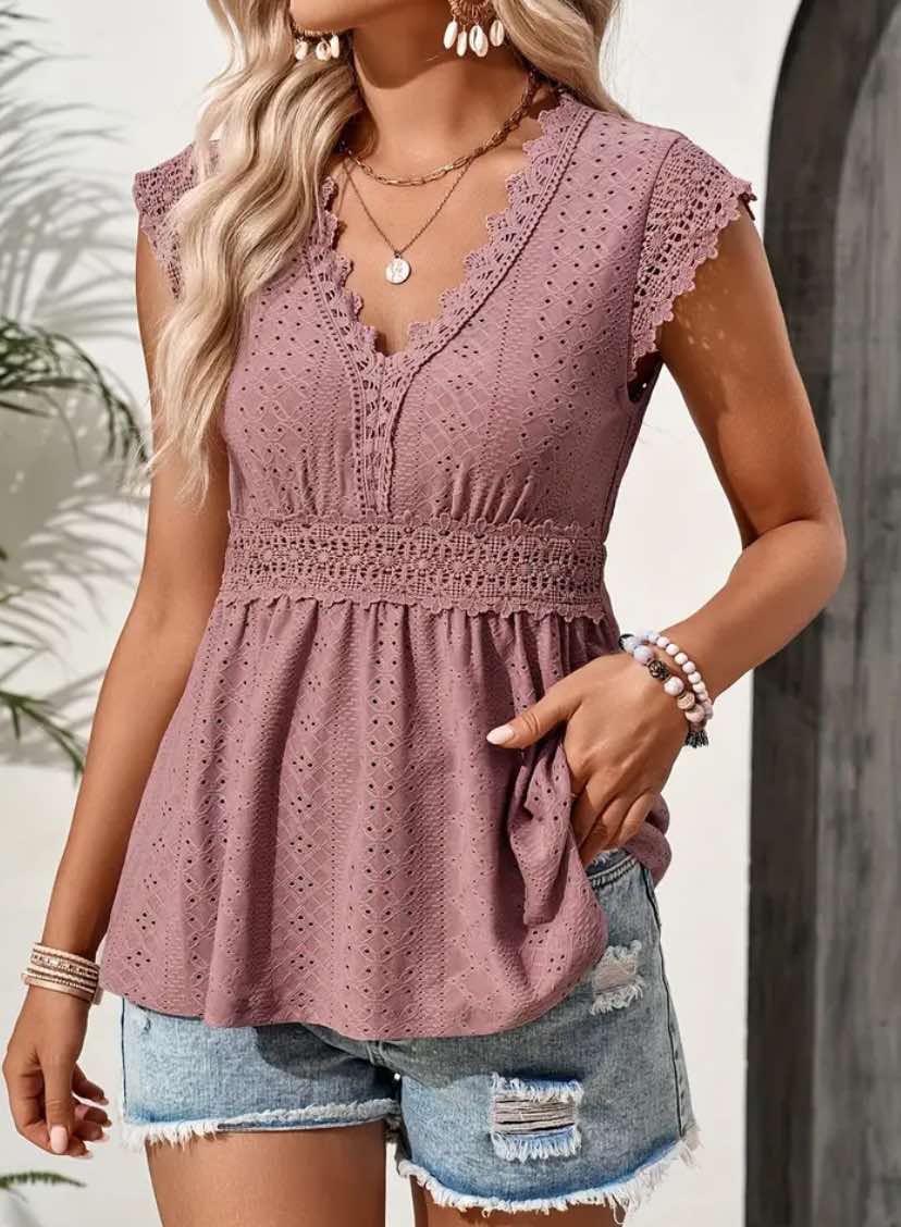 V-Neck Lace Trim Top