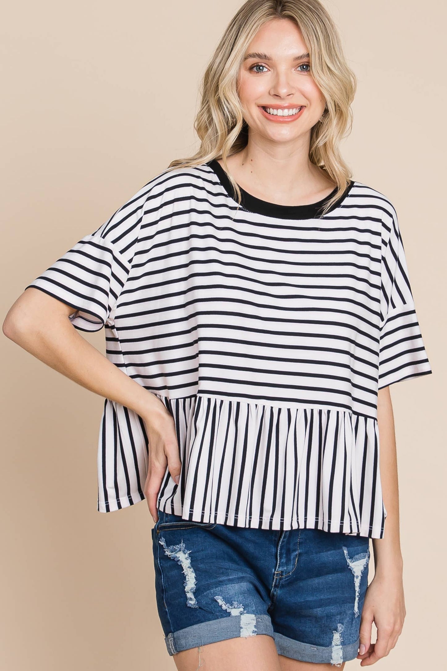 ETK-8772 Striped Babydoll Short Sleeve Top