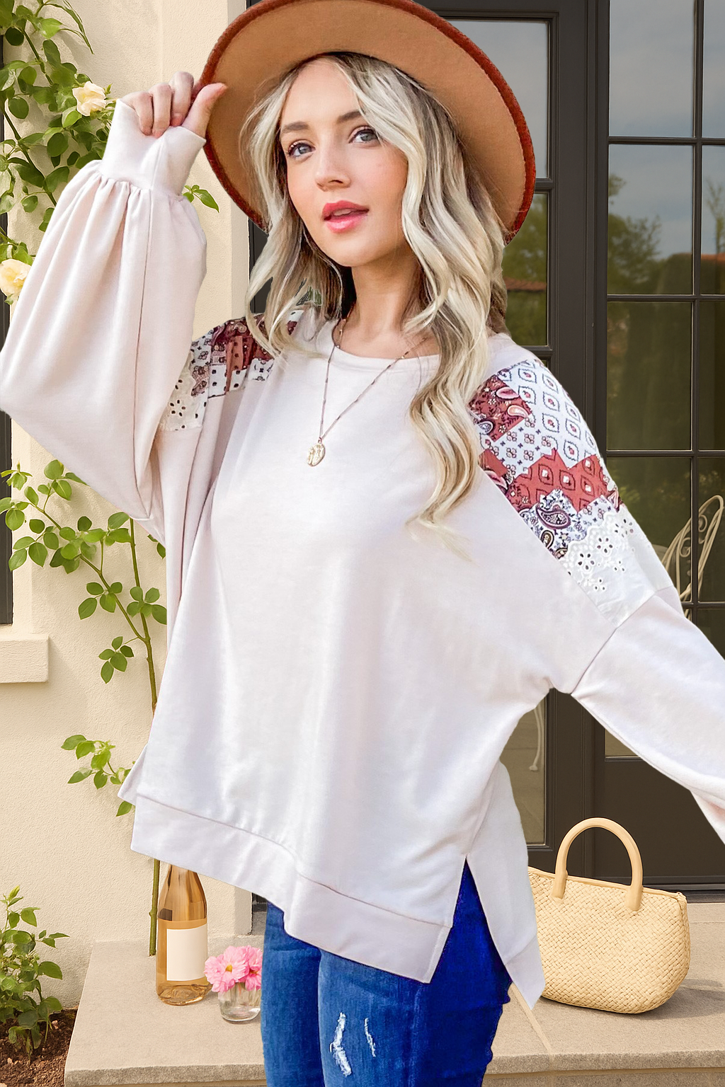 ATW10579 - Patch Work Shoulder Detail Casual Top