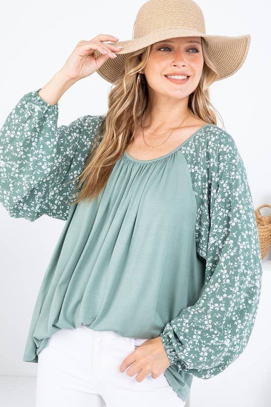 Solid and Woven Mixed Ruffle Top