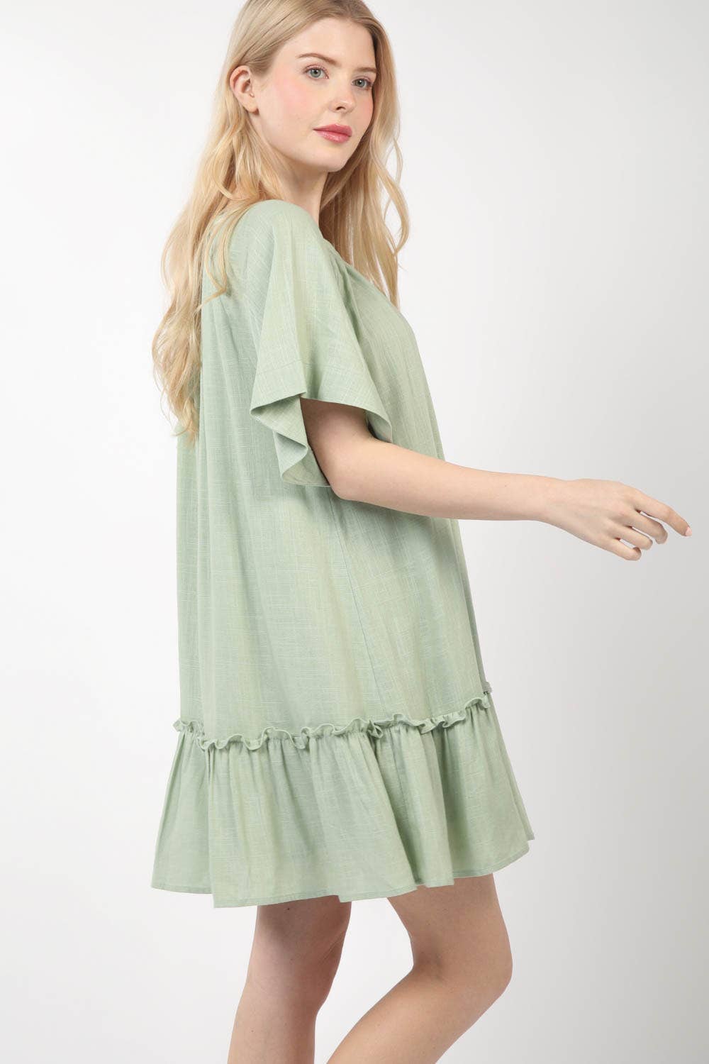 ND31313-Round Neck Comfy Woven Mini Dress