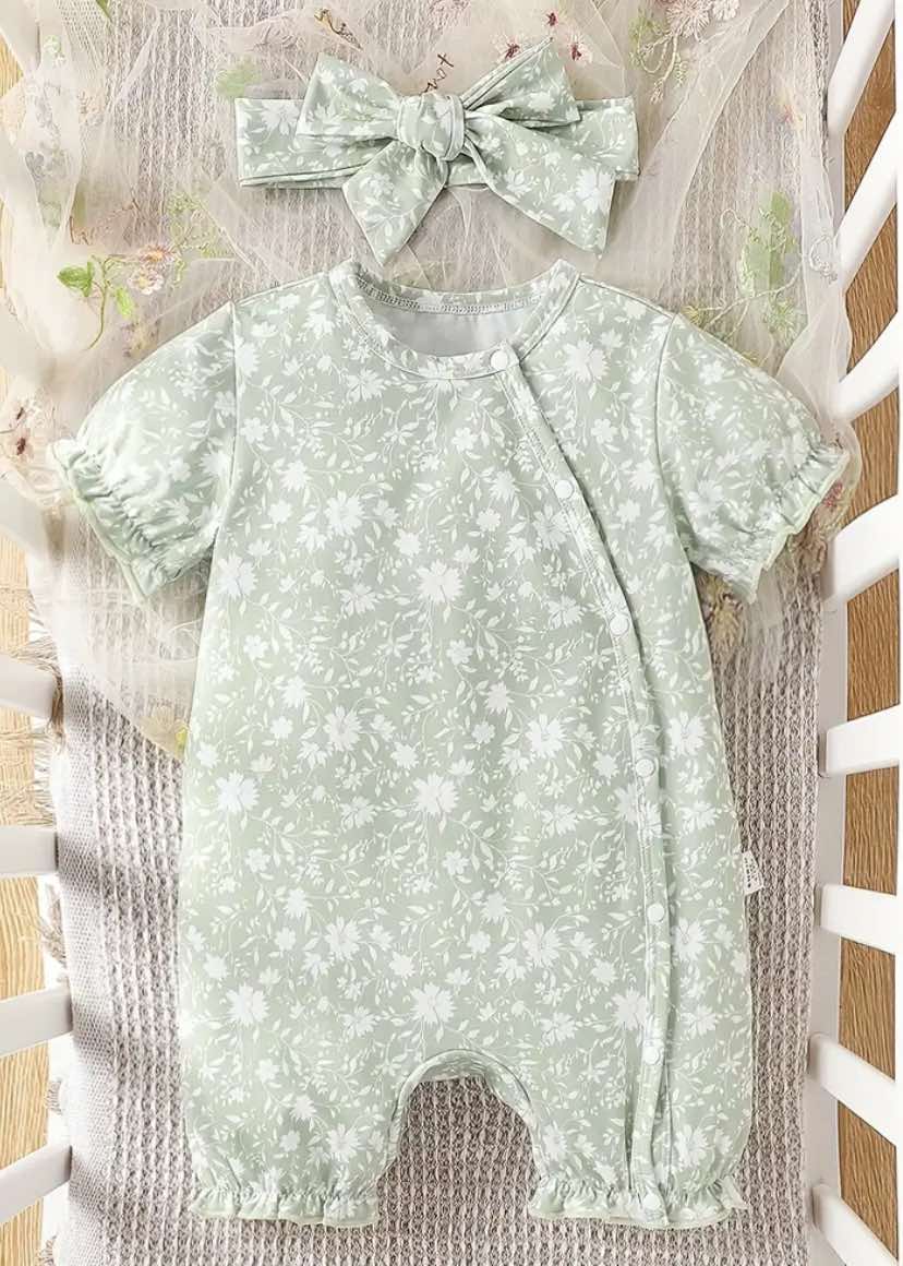 Mint Puff Sleeve Romper with Headband