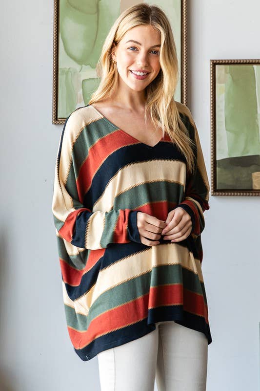 LONG DOLMAN SLEEVE V NECK STRIPE PRINT TOP