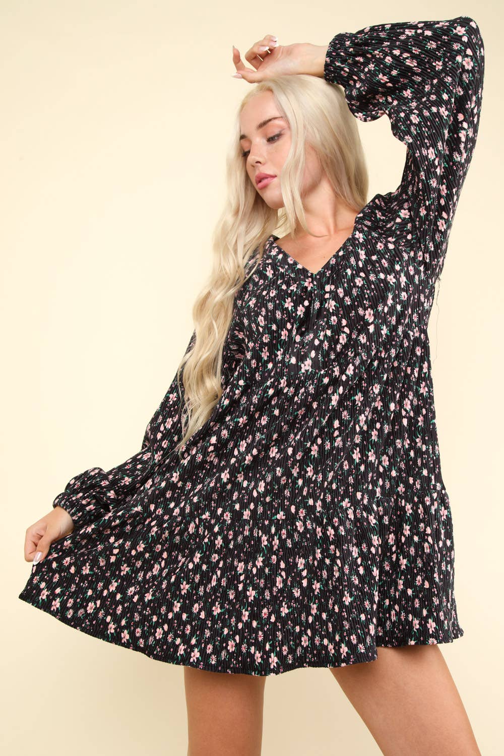 ND31416-Flower Printed Velvet Babydoll Mini Dress