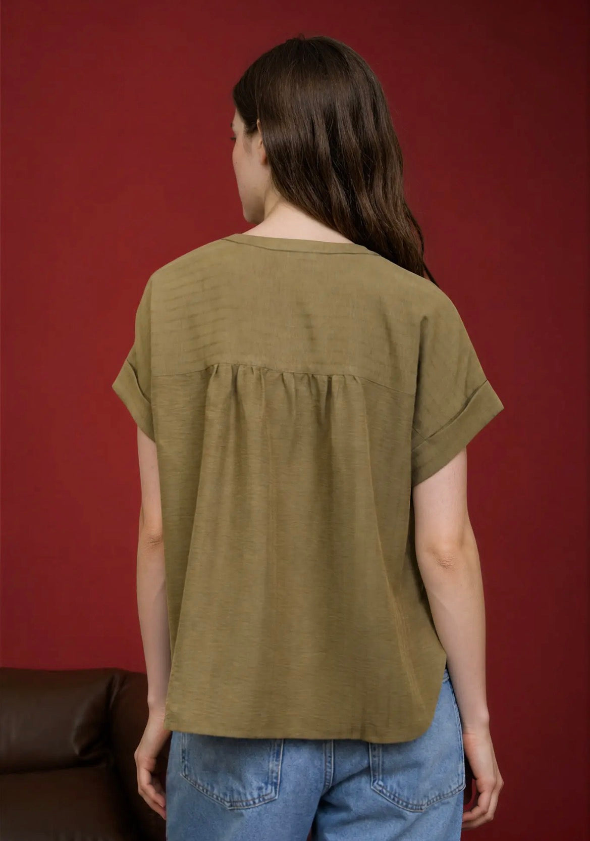 Stripe Texture Henley Button Short Sleeve Top