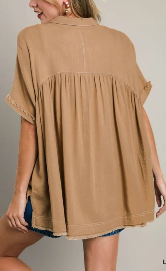 UMGEE - Linen Button Up With Side Slit and Frayed Hem