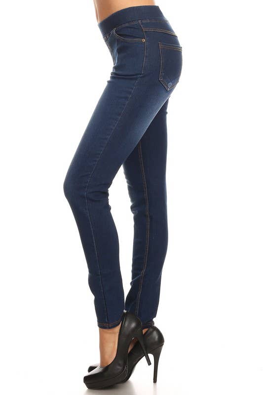 Solid color pre washed pull on denim skinny pull on jeggings
