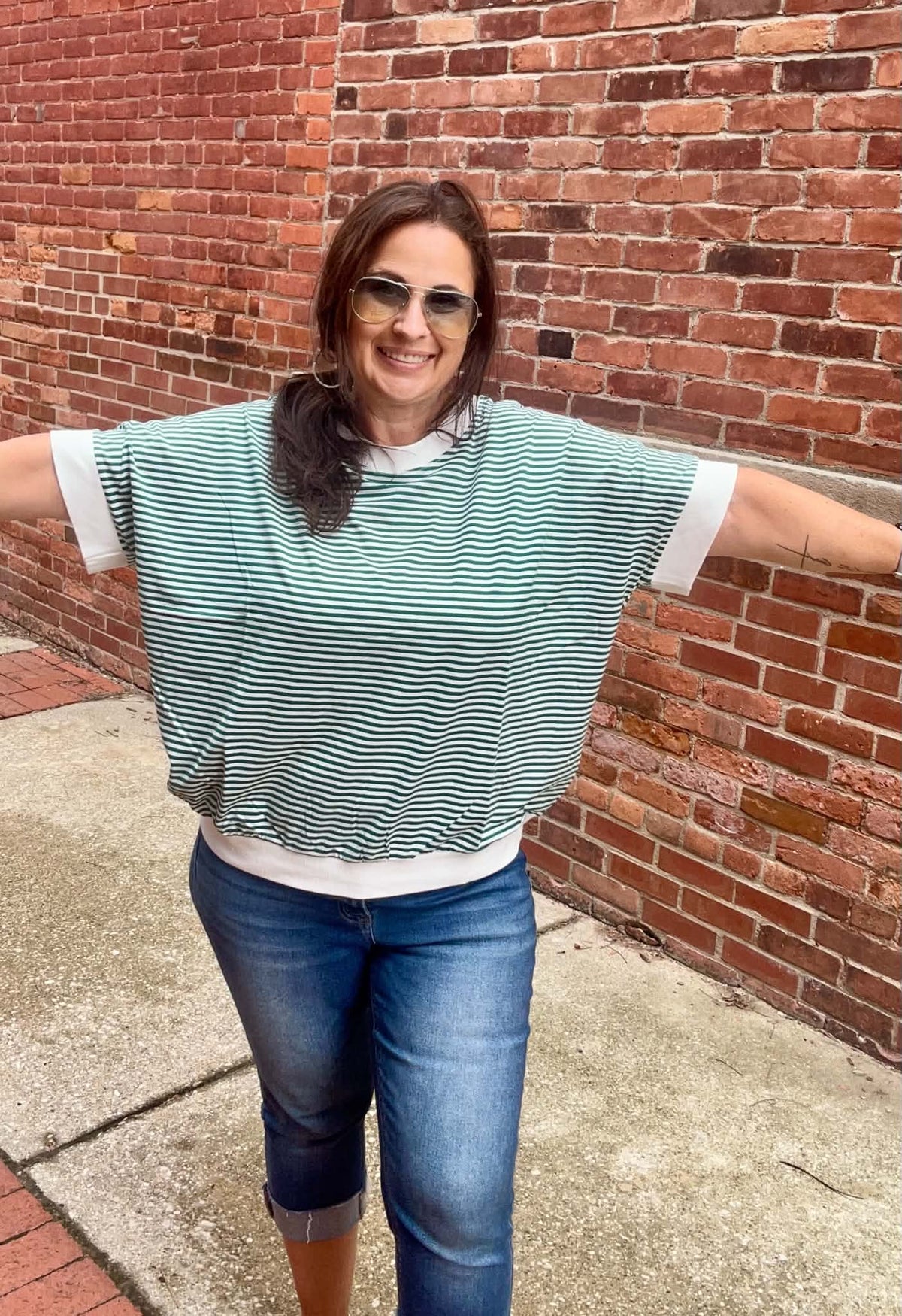 Striped Contrast Trim Banded Bottom Top - Zenana