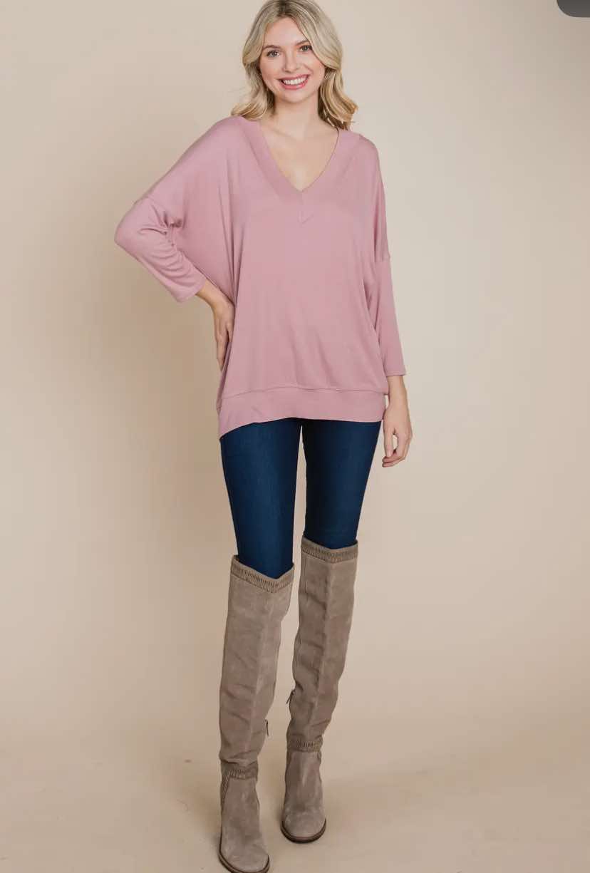ETK-8674 Casual Basic Solid V Neck Top