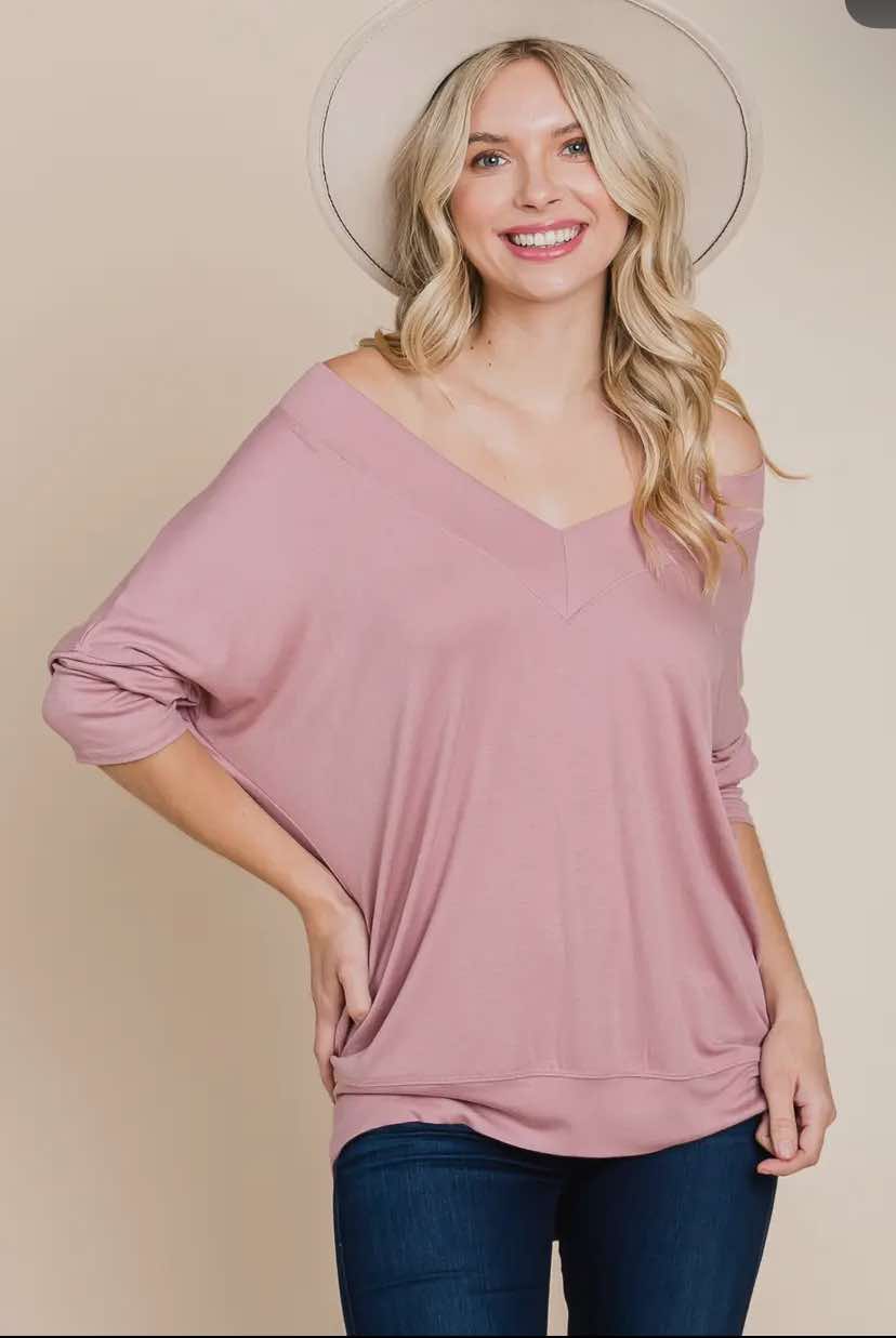 ETK-8674 Casual Basic Solid V Neck Top