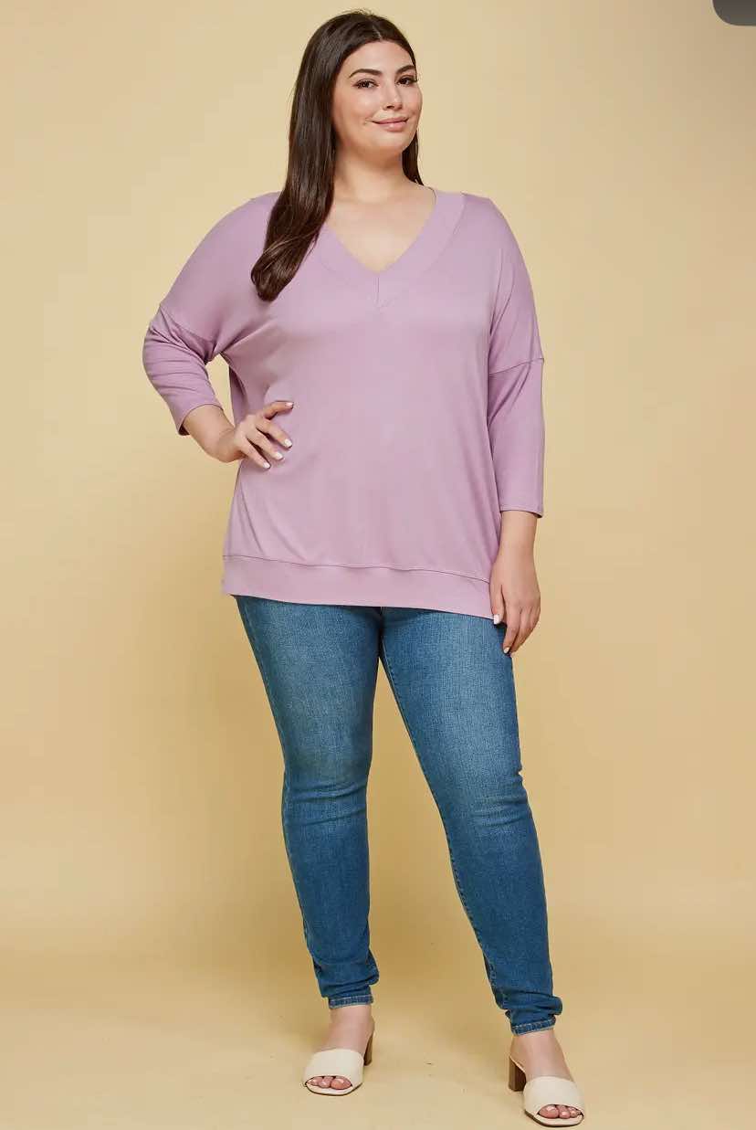 ETK-8674 Casual Basic Solid V Neck Top