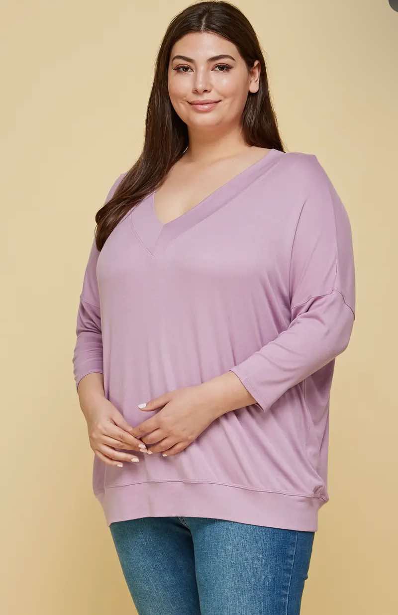 ETK-8674 Casual Basic Solid V Neck Top