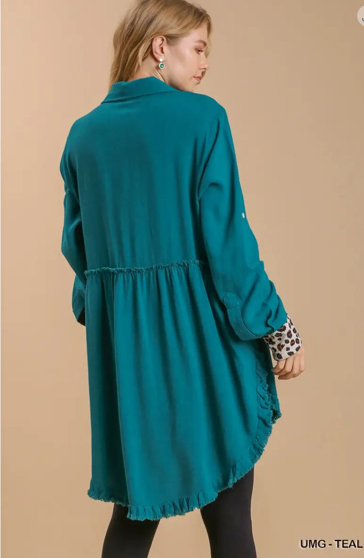 UMGEE Teal Linen Animal Print Tunic Dress