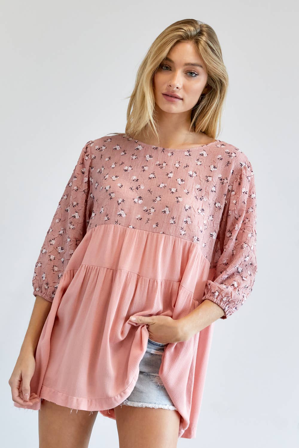 FLORAL PRINTED ROUND NECK 3/4 SLEEVE RUFFLE TOP