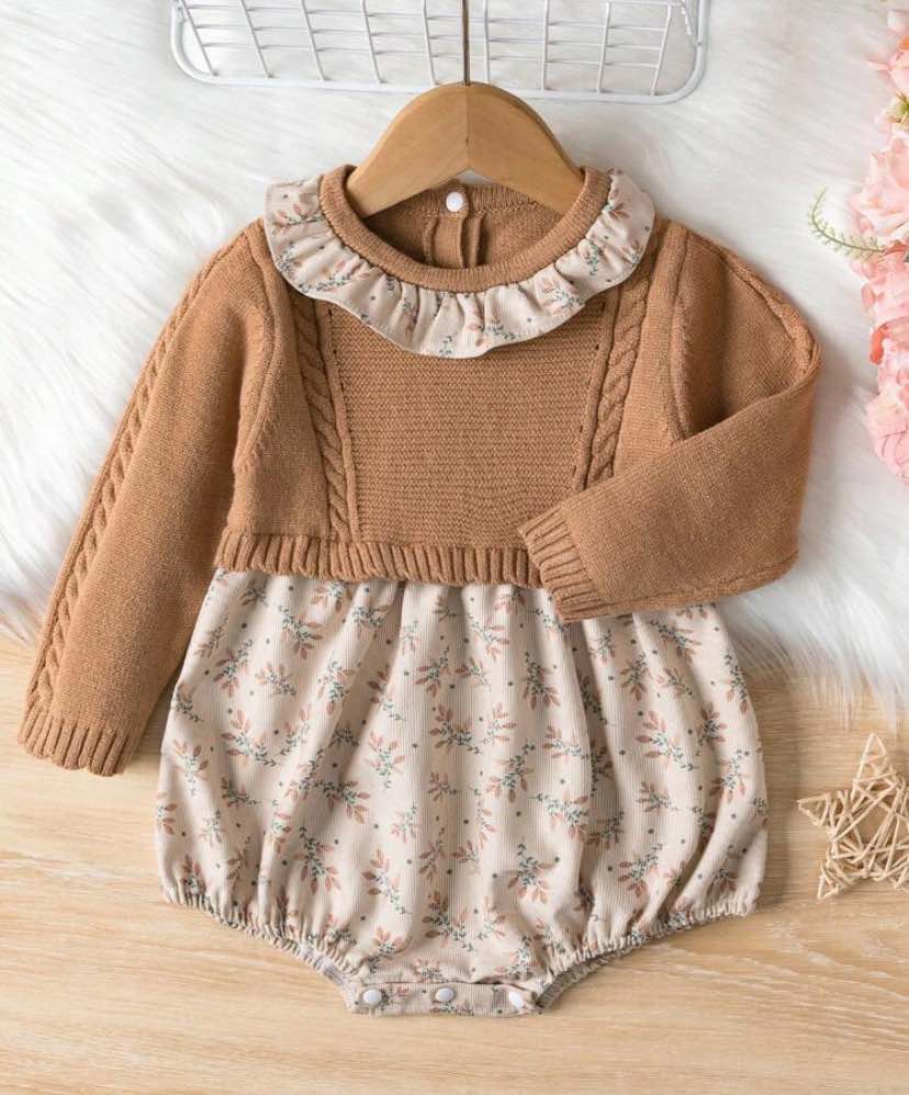 Ruffle Trim Sweater Top And Corduroy Romper