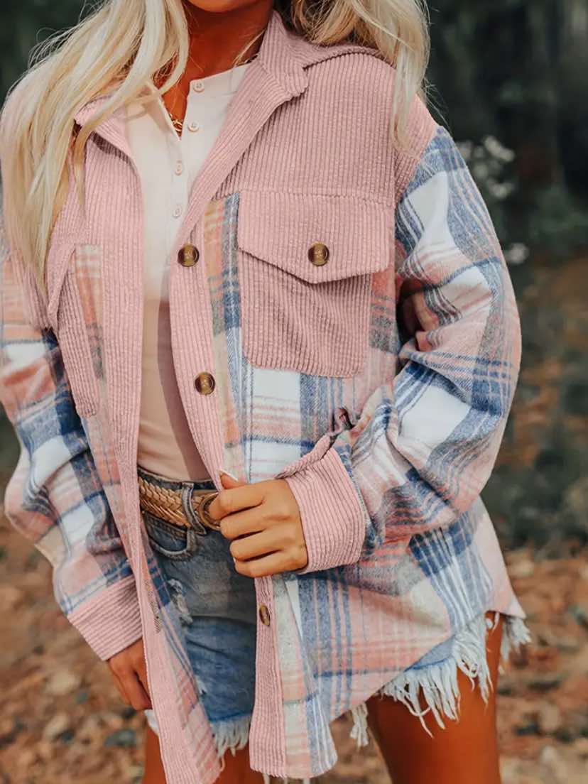 Pink Plaid and Corduroy Light Weight Shacket