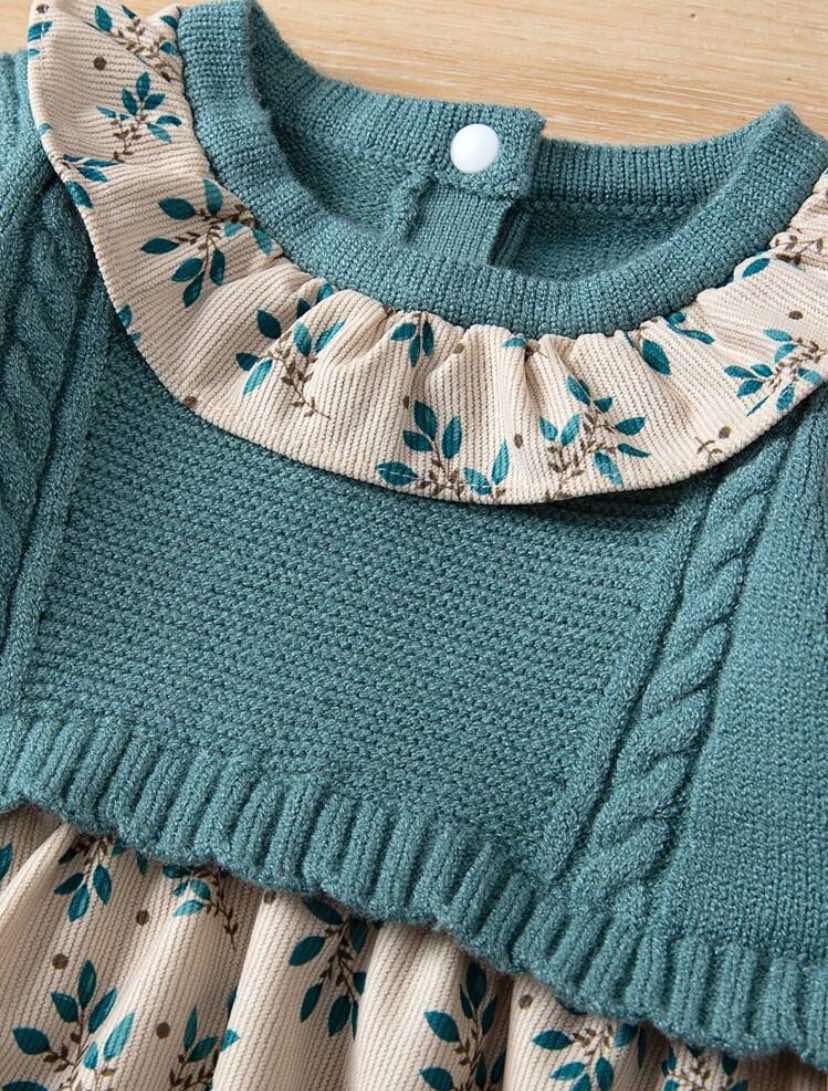 Ruffle Trim Sweater Top And Corduroy Romper