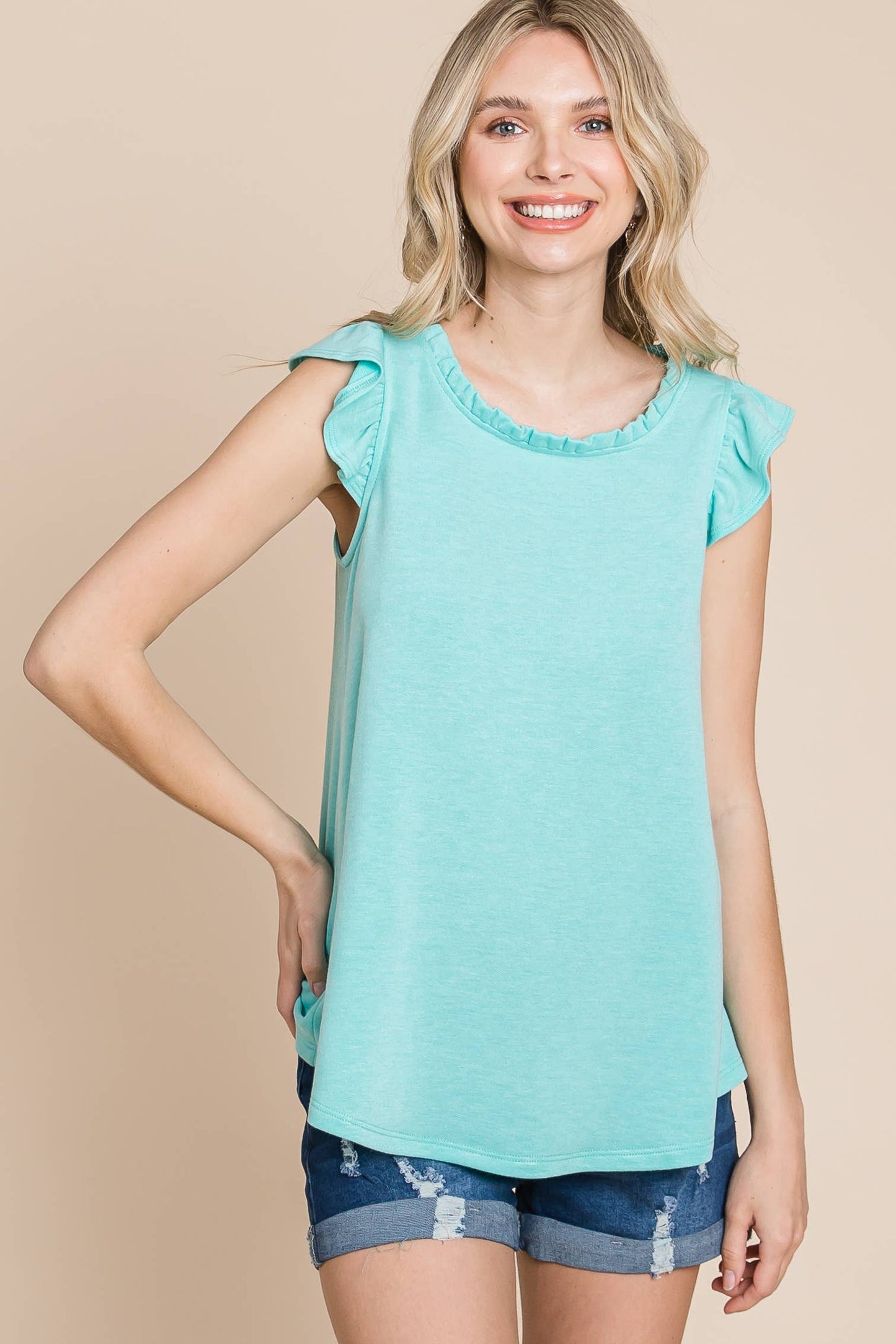 ETK-8735 Solid High Neck French Terry Top