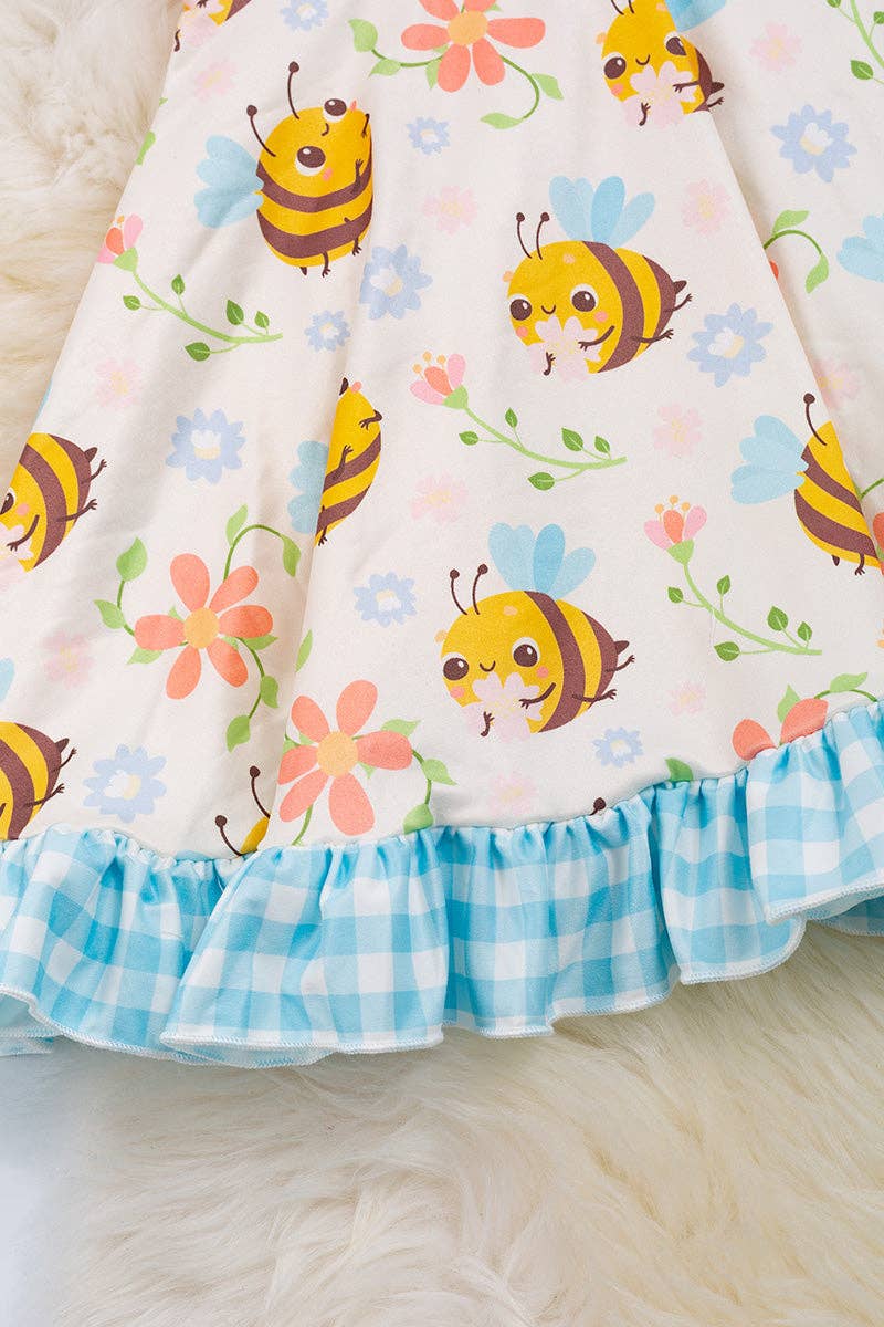 Bee & gingham printed girls dress with ruffle hem