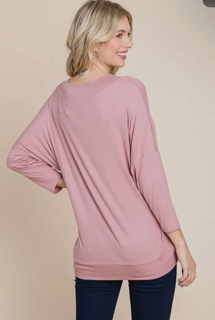 ETK-8674 Casual Basic Solid V Neck Top