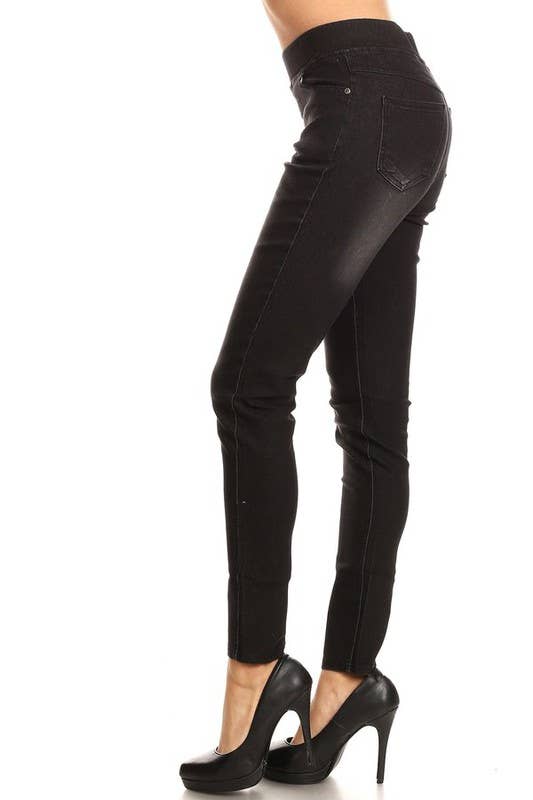 Solid color pre washed pull on denim skinny pull on jeggings