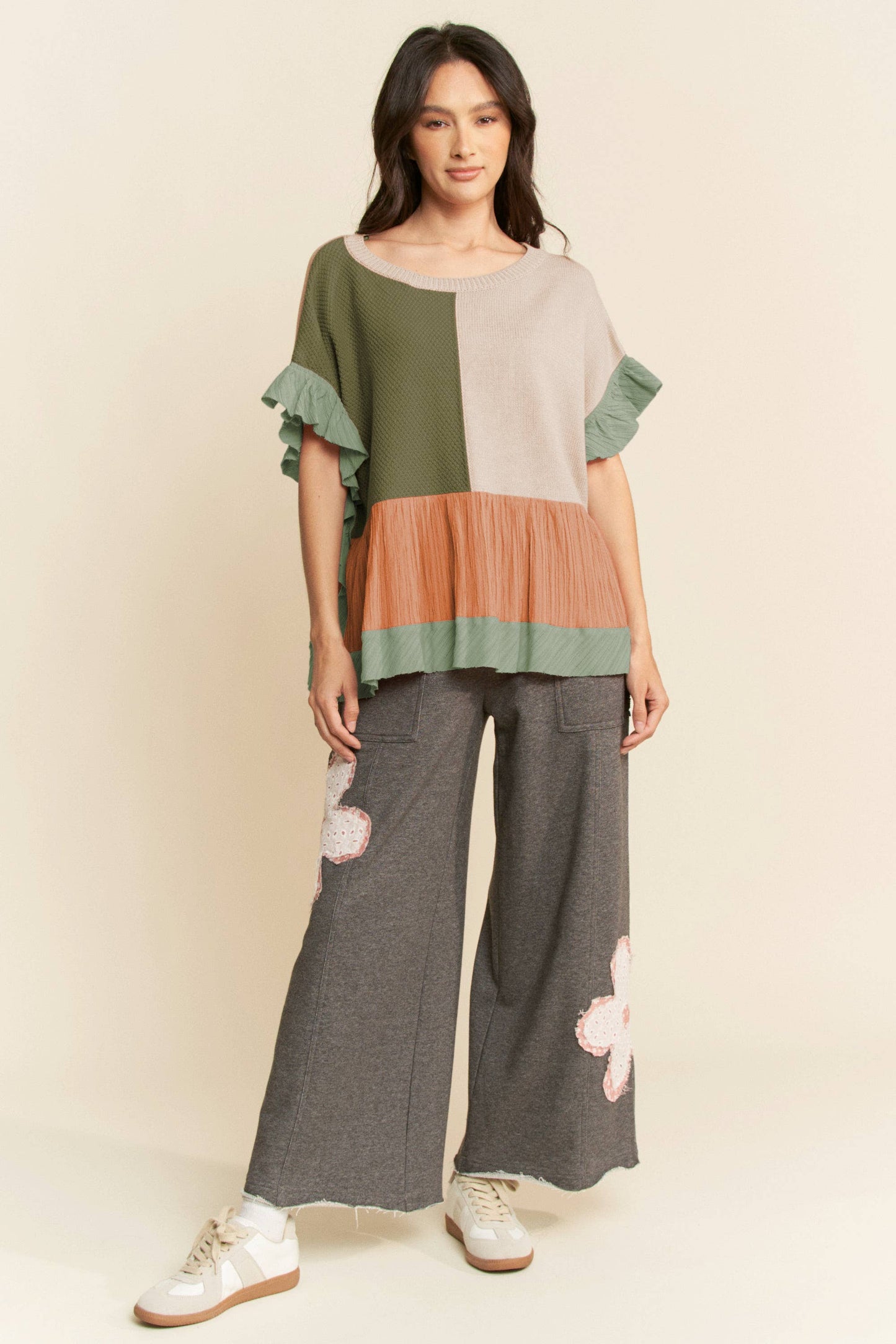 SWEATER MIX TEXTURED FABRIC RUFFLE DETAIL TOP