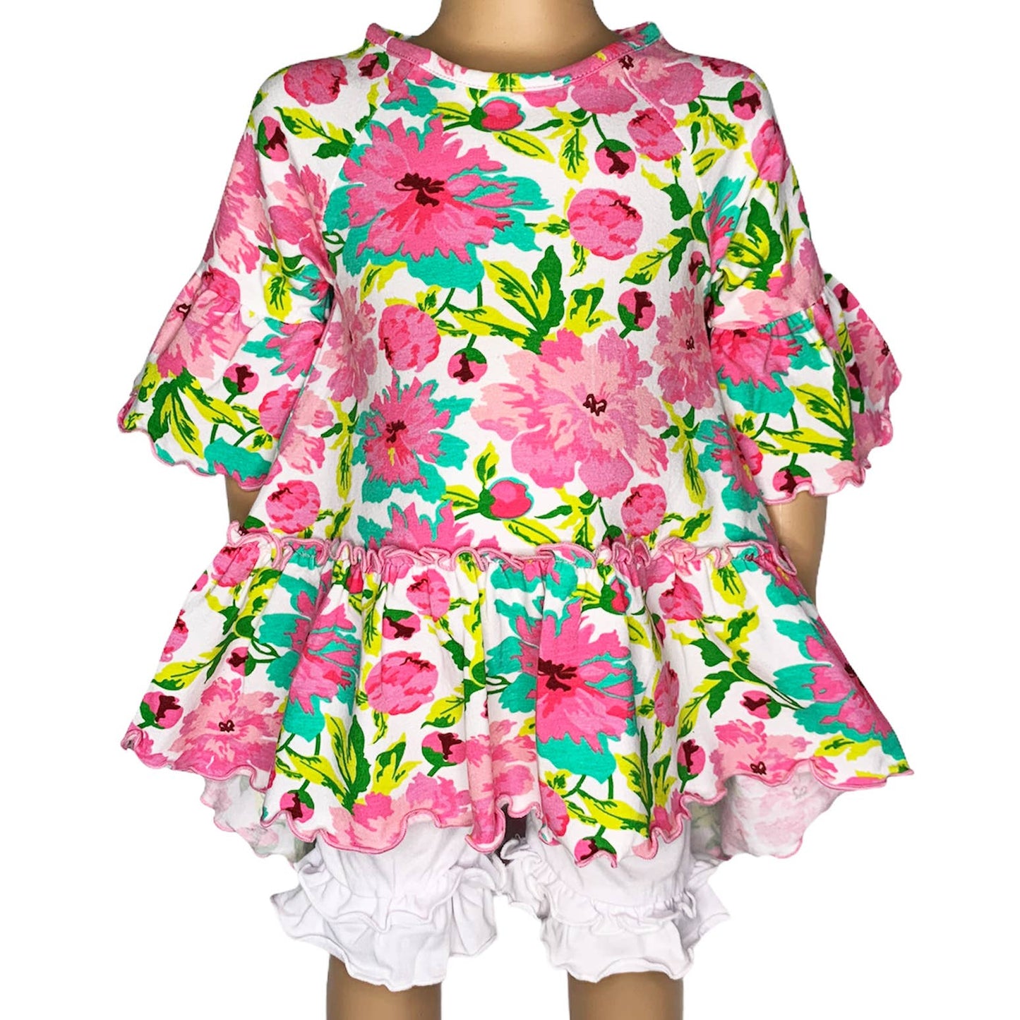 Girls Angel Sleeve Pink Floral Ruffle Hi Low Shirt With Leggings